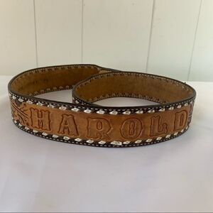 Vintage CIRCLE Y Hand Tooled Leather Belt Harold Name Western Cowboy SIZE 34